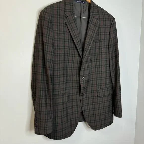 Coppley Esquire Mens Grey Plaid Multi Two Button Wool Blazer Jacket Classic 44T